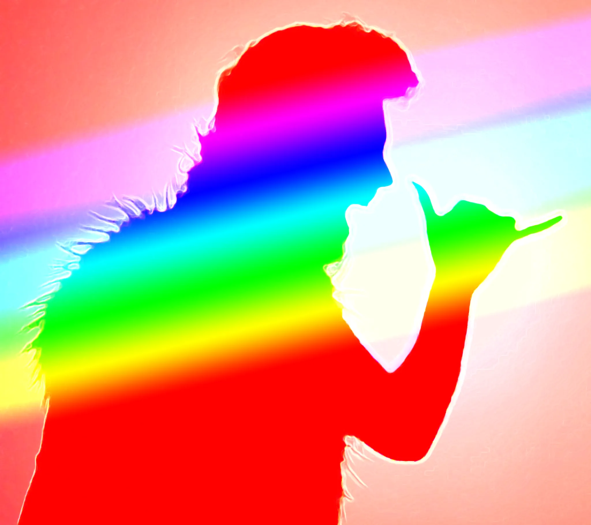 Rainbow-toned silhouette of a person signing, lit by a diagonal band of prism colors.