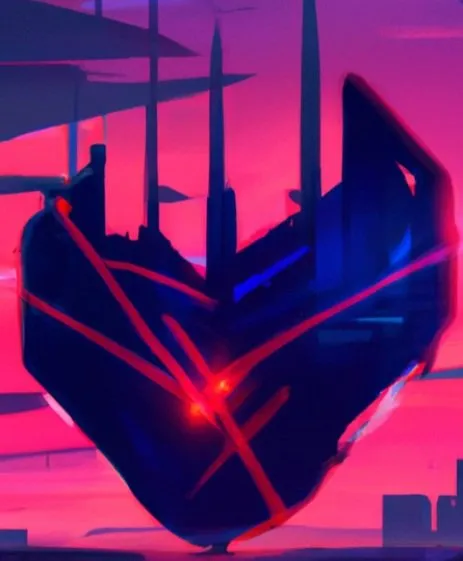 Concept art of the Deafstar: a dark, heart-shaped vessel with tall spires, lit from within by red beams against a hot pink sky.