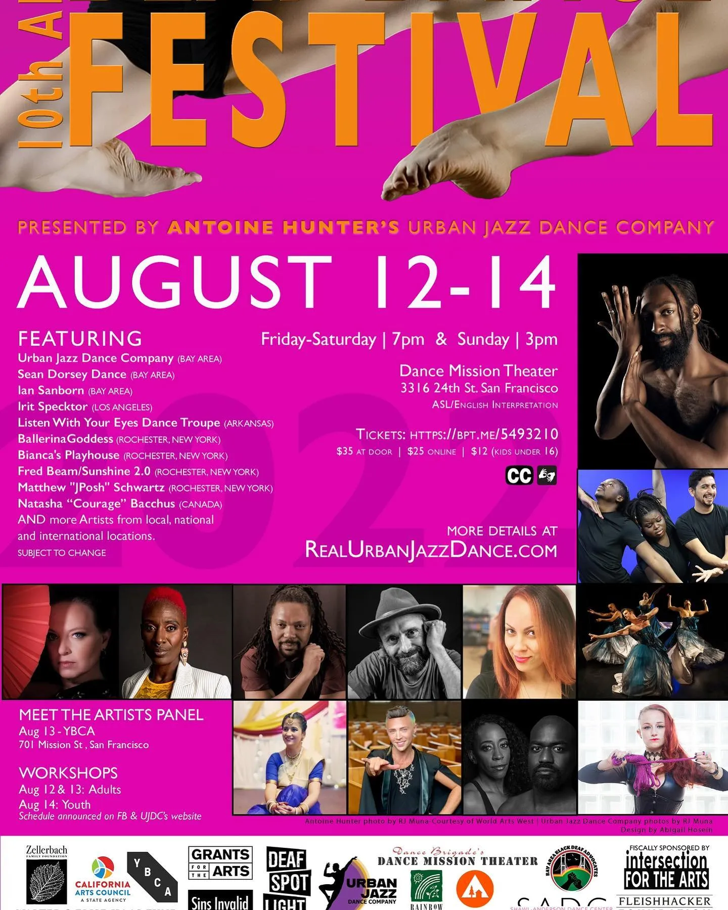 Flyer for the 10th Annual Bay Area International Deaf Dance Festival, presented by Antoine Hunter's Urban Jazz Dance Company. A magenta background with dancers' legs and pointed feet across the top. August 12–14, 2022 — Friday and Saturday at 7pm, Sunday at 3pm — at Dance Mission Theater, 3316 24th St, San Francisco, with ASL/English interpretation. A long featured-artist lineup (Urban Jazz Dance Company, Sean Dorsey Dance, Ian Sanborn, and many more), a grid of performer headshots, ticket prices ($35 door / $25 online / $12 kids), plus a Meet the Artists panel and workshops. Sponsor logos run along the bottom.
